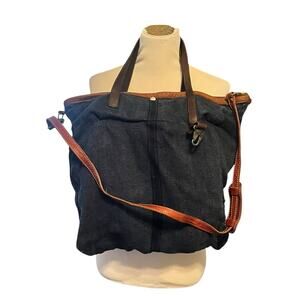 Philomena At The Sea Malibu Canvas Cotton Hobo Crossbody Leather Strap Blue Tote